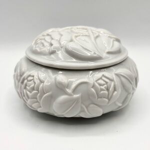 Vintage Germaine Montiel White Ceramic Raised Roses Trinket Box